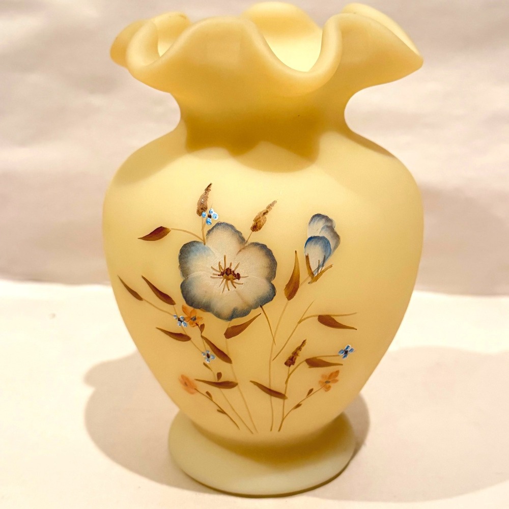 Fenton Cameo Satin Hand Painted Floral Vase Rare Double Signed D Hill J Delancy